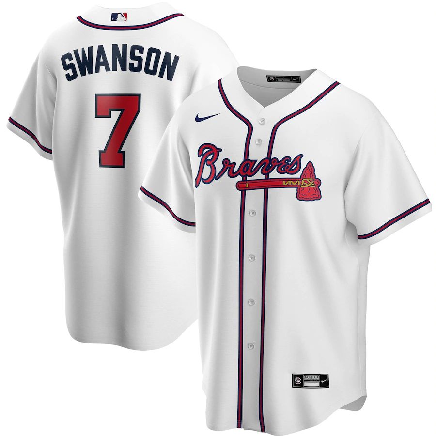Mens Atlanta Braves 7 Dansby Swanson Nike White Home Replica Player Name MLB Jerseys
